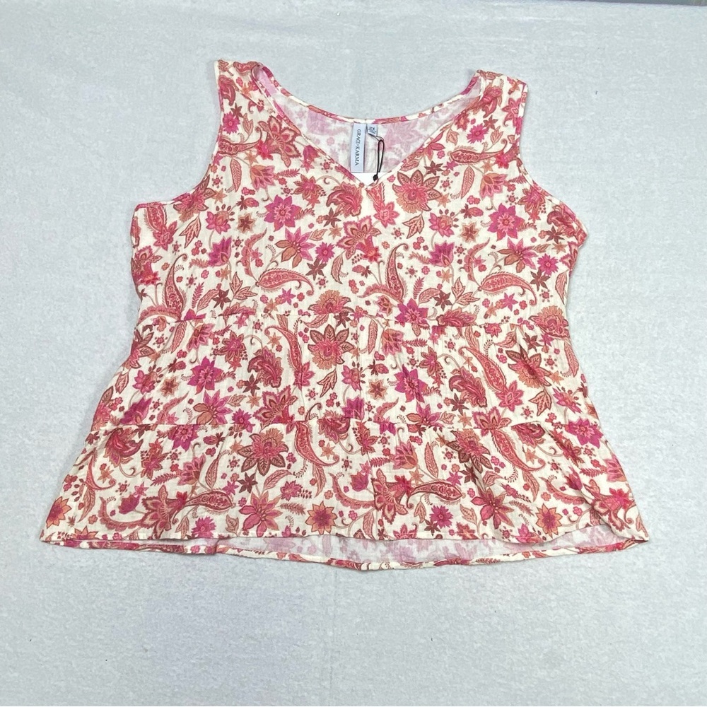 Grace + Karma Floral Paisley Peplum Blouse Women’s 2X Pink Sleeveless V Neck NWT